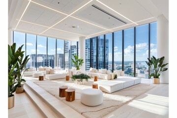 Fototapeta premium Modern reception area with sleek design comfortable seating and a welcoming atmosphere in a corporate setting.