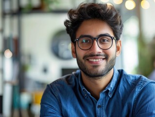 Obraz premium A person wearing glasses and a blue shirt