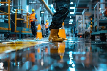 Worker in Yellow Boots on Wet Factory Floor