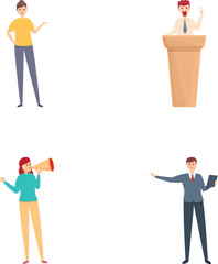 Public agitation icons set cartoon vector. Loud talking and agitating people. Campaigning concept