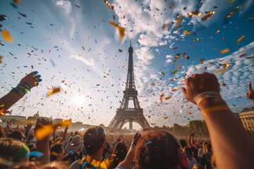 Sports competition celebrated in Paris with Eiffel Tower amidst cheering crowd, Paris Olympics 2024