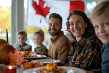 Family celebrating Thanksgiving with Canadian flag background - Powered by Adobe