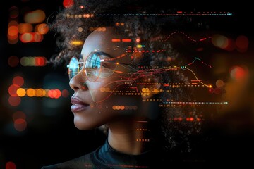 A young woman with in front of a big monitor in the middle of a modern server room. Collection and storage of large amounts of data. Checks the operation of servers and automation.