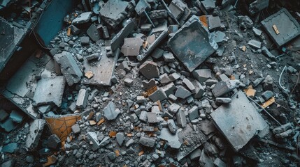 Fototapeta premium Debris of crumbled building with scattered concrete and steel