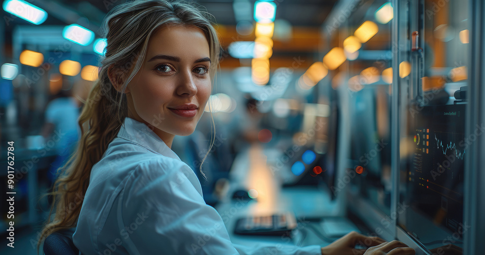 Poster Beautiful woman working as an industrial process technician, sitting at a computer with the factory floor in the background behind a large glass wall, modern technology environment. Generative AI.