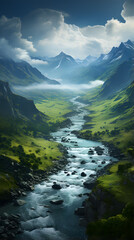 Fototapeta premium A winding river flows through a lush green valley, surrounded by towering mountains and a cloudy sky.