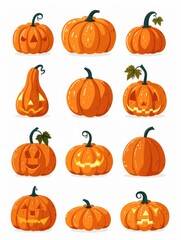 A collection of decorative pumpkins with carved faces and leaves