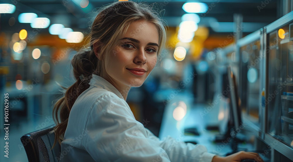 Aufkleber Beautiful woman working as an industrial process technician, sitting at a computer with the factory floor in the background behind a large glass wall, modern technology environment. Generative AI.