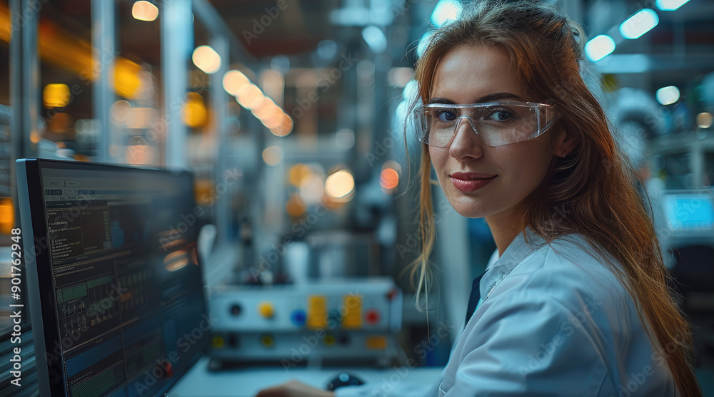 Aufkleber beautiful woman working as an industrial process technician, sitting at a computer with the factory 