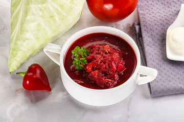 Borsch soup with cabbage and beetroot