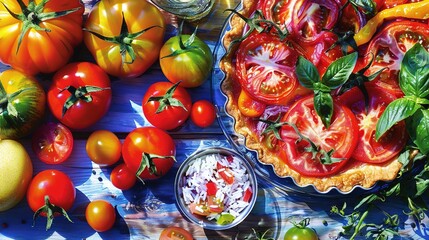 Fototapeta premium A table topped with a pie covered in various fruits and vegetables