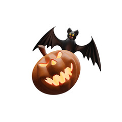 Jack O Lantern halloween pumpkin with evil face and bat isolated on transparent background, Happy Halloween party concept. Halloween its scary party background. Realistic 3d design in cartoon style