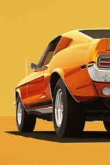 A bright orange car is parked on a sunny yellow background, perfect for use in advertisements, marketing materials or product promotions
