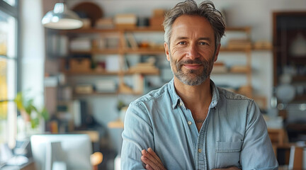 Fototapeta premium Classic portrait of an architect, inside his modern office. Generative AI.