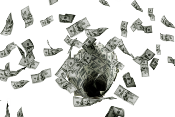 Money wallpaper background with US dollar bills tornado, whirlwind of dollars hurricane. Flying, levitating american cash. Typhoon of hundreds usd dollars banknotes