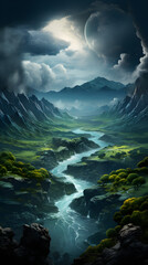 Naklejka premium A winding river flows through a mystical valley surrounded by towering mountains and a crescent moon in the sky.