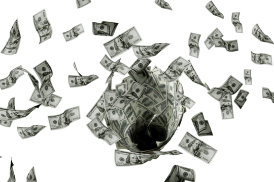 Money wallpaper background with US dollar bills tornado, whirlwind of dollars hurricane. Flying, levitating american cash. Typhoon of hundreds usd dollars banknotes