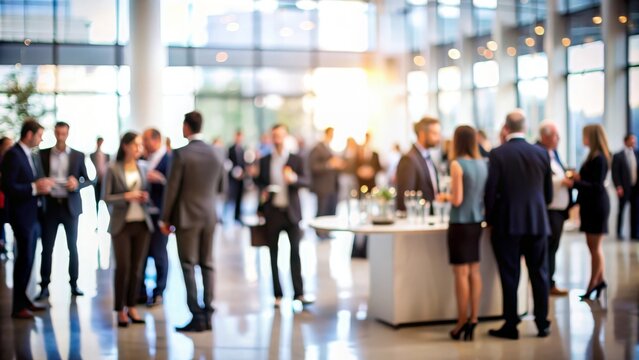Blurred Corporate Event Reception - Reception area of a corporate event with attendees blurred in the background.
