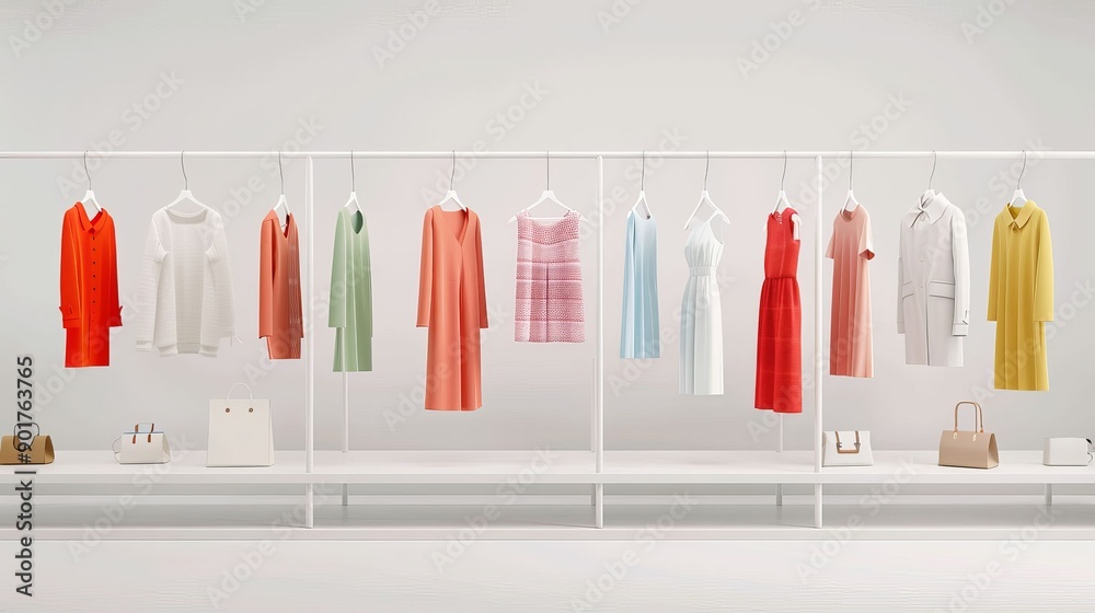 Wall mural A white and orange dress hangs on a rack next to a white dress