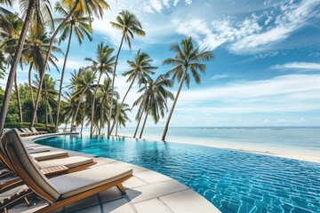 Fototapeta premium luxury swimming pool on beach view and chairs in hotel resort