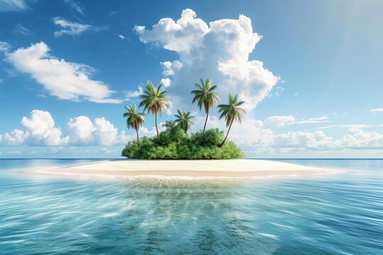 Small tropical island with sandy beach and palm trees