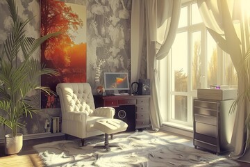 Cozy home office with vintage decor comfortable chair and ample natural light for a productive work from home experience.