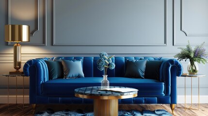 Luxurious and contemporary living room decor Blue navy sofa, a gold table, and a gold lamp on a light-colored wall and wood floor. Generative AI.