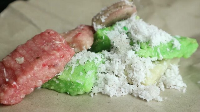 Getuk is javanese food, rotating display, turning, macro close-up, top view