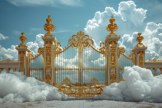 Closed golden gates of Paradise against the background of white clouds. Closed entrance to Paradise for sinners. A tantalizing sight, the closed gates evoke curiosity about the heavenly realm.