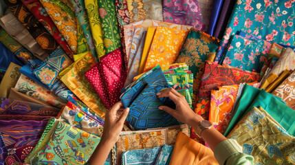 Naklejka premium A photograph of diverse fabric swatches in a catalog, hands of different skin tones flipping through the pages, vibrant colors and patterns