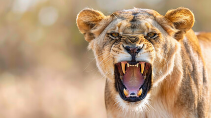 Close-up of a fierce lioness roaring, displaying sharp teeth and intense expression, showcasing the beauty of wildlife.