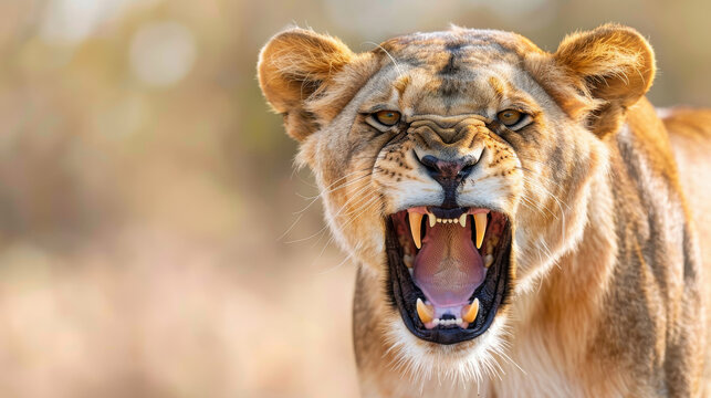 Close-up of a fierce lioness roaring, displaying sharp teeth and intense expression, showcasing the beauty of wildlife.