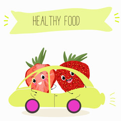 Funny strawberry character design. Fruit poster. Vector illustration. Hand drawn, texture, kids menu.