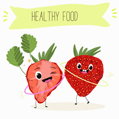 Funny strawberry character design. Fruit poster. Vector illustration. Hand drawn, texture, kids menu.