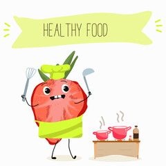 Funny strawberry character design. Fruit poster. Vector illustration. Hand drawn, texture, kids menu.