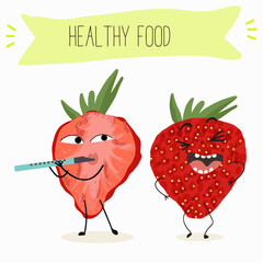 Funny strawberry character design. Fruit poster. Vector illustration. Hand drawn, texture, kids menu.