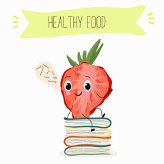 Funny strawberry character design. Fruit poster. Vector illustration. Hand drawn, texture, kids menu.