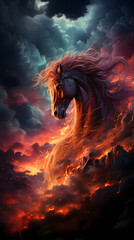 A majestic horse emerges from a fiery sky, its mane flowing in the wind. The dramatic clouds and blazing landscape create an epic scene.