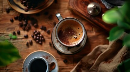 Freshly brewed coffee on rustic wooden table
