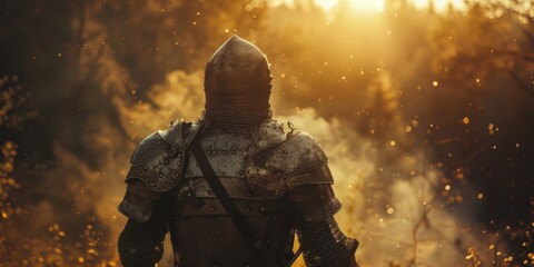 Fototapeta premium A person dressed as a knight stands in an open field, ready for adventure