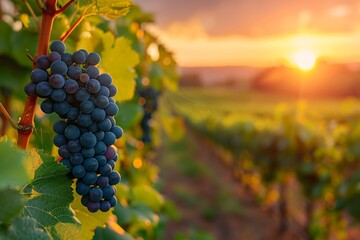 Naklejka premium Lush vineyard with ripe grapes basking in the warm glow of a sunset, showcasing the beauty of wine country.