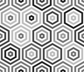Mosaic hexagon shapes background. Stacked hexagon bold mosaic cell. Grey color tones. Large hexagons. Tileable pattern. Seamless vector illustration.