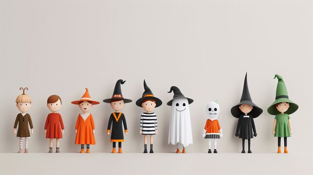 A group of children dressed in Halloween costumes stand in a row