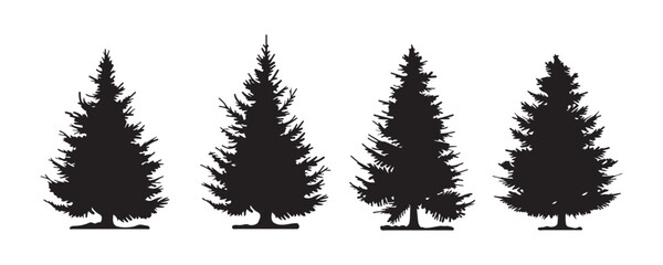 Set of pine trees silhouette isolated on white background