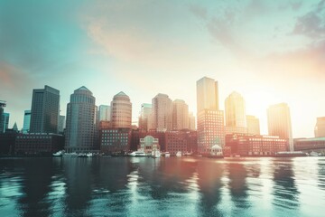 Fototapeta premium Boston's financial district skyline at sunset, reflecting on calm water, showcasing modern skyscrapers against a clear sky.