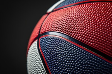 A close up of the red, white and blue basketball on a black background Generative AI