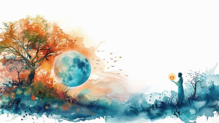 minimalist watercolor illustration depicting Creation of the world as God creates the world, done in soft watercolor on white background