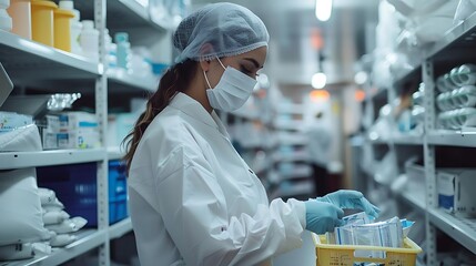 Pharmacist in Face Mask Organizes Medical Supplies, Healthcare, Pharmacy Inventory