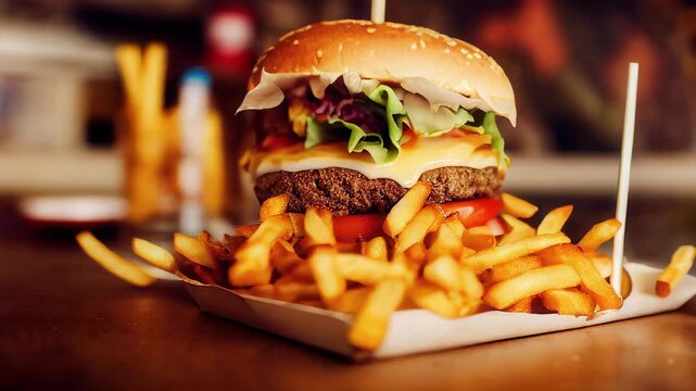 Cardboard tray with a large cheeseburger served with a side of french fries rotating in a loop on a fast food restaurant table