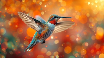 Graceful hummingbird flaps wings in the air against a warm, blurred orange background, evoking freedom and beauty in nature. Perfect for wallpapers or greeting cards